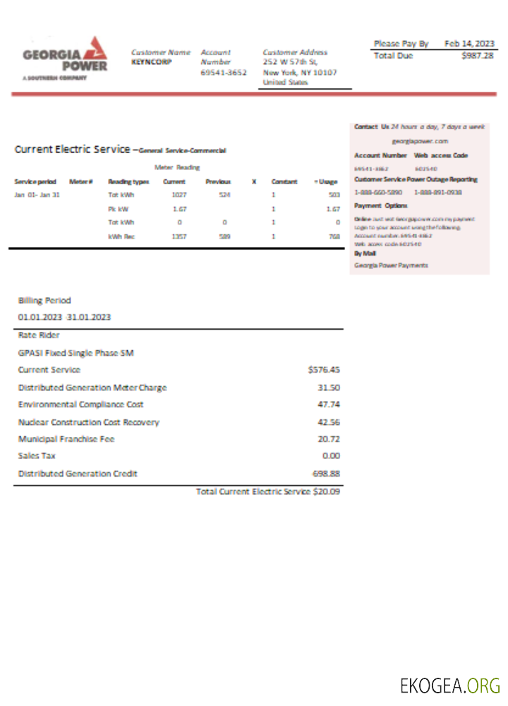 Facture commerciale du service public de Georgia Power SCR